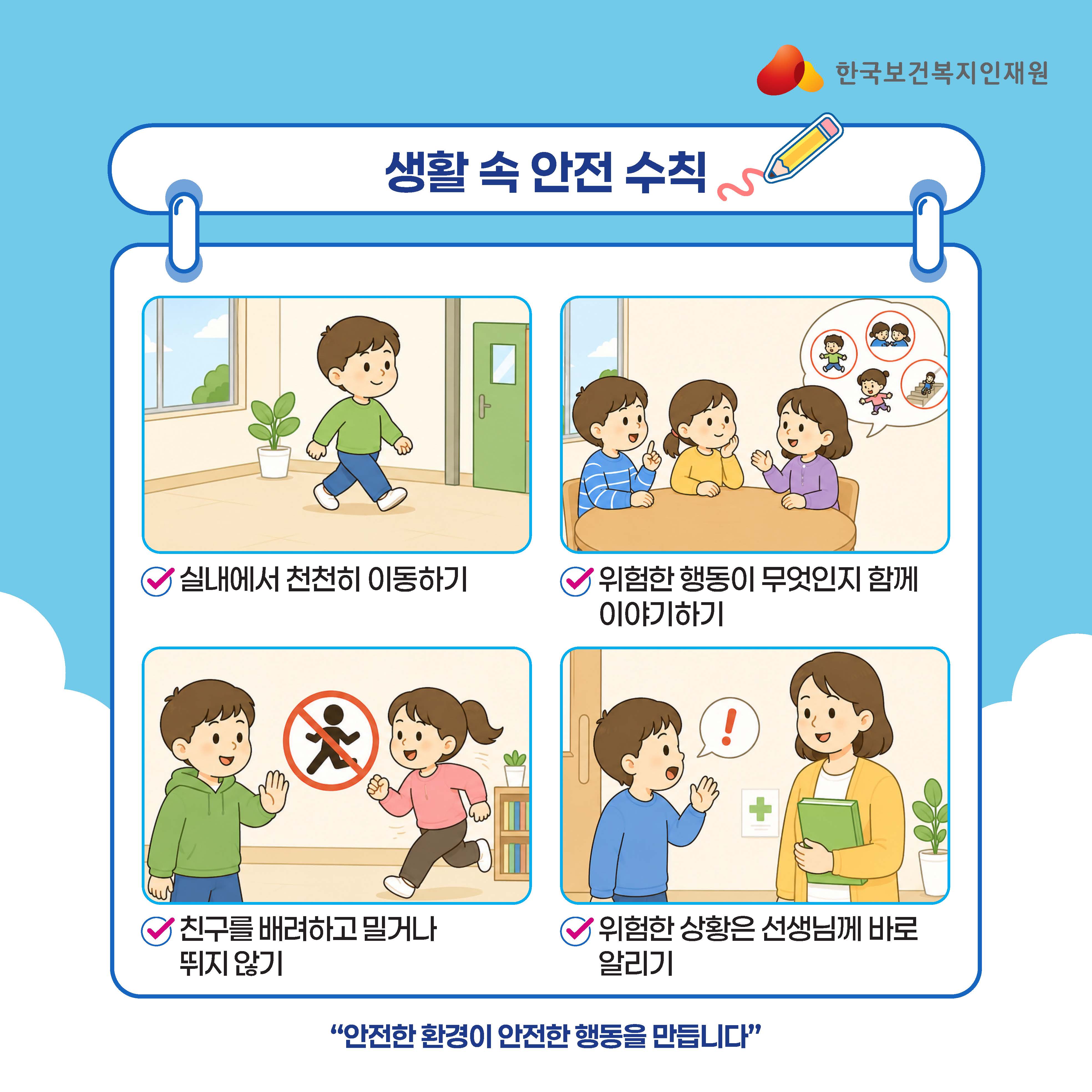 로고: 한국보건복지인재원 헤더: 생활 속 안전 수칙 항목 1: 실내에서 천천히 이동하기 항목 2: 위험한 행동이 무엇인지 함께 이야기하기 항목 3: 친구를 배려하고 밀거나 뛰지 않기 항목 4: 위험한 상황은 선생님께 바로 알리기 하단 문구: "안전한 환경이 안전한 행동을 만듭니다"